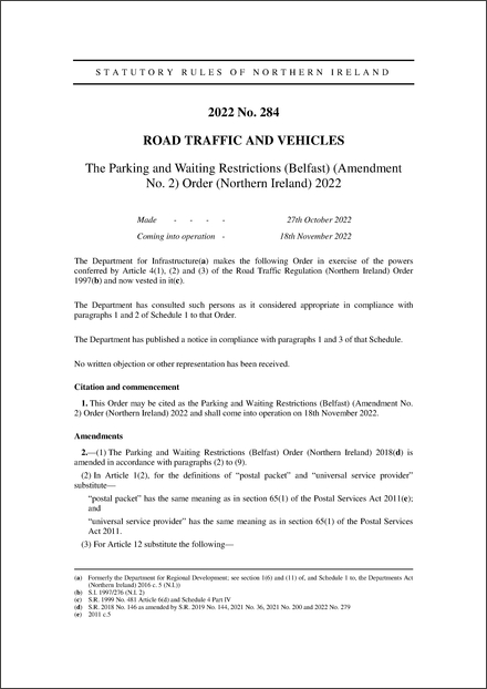 The Parking and Waiting Restrictions (Belfast) (Amendment No. 2) Order (Northern Ireland) 2022