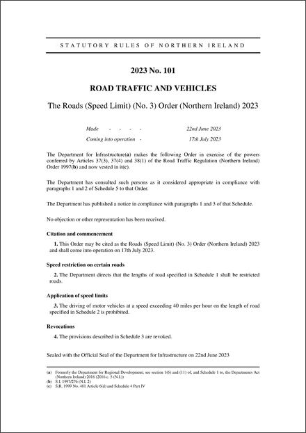 The Roads (Speed Limit) (No. 3) Order (Northern Ireland) 2023