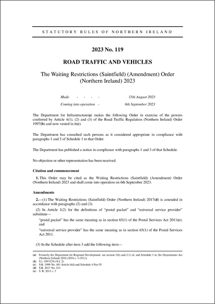 The Waiting Restrictions (Saintfield) (Amendment) Order (Northern Ireland) 2023