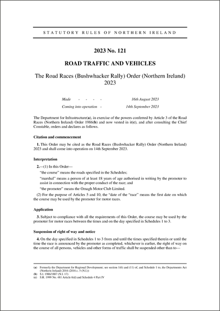 The Road Races (Bushwhacker Rally) Order (Northern Ireland) 2023