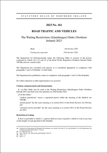 The Waiting Restrictions (Islandmagee) Order (Northern Ireland) 2023