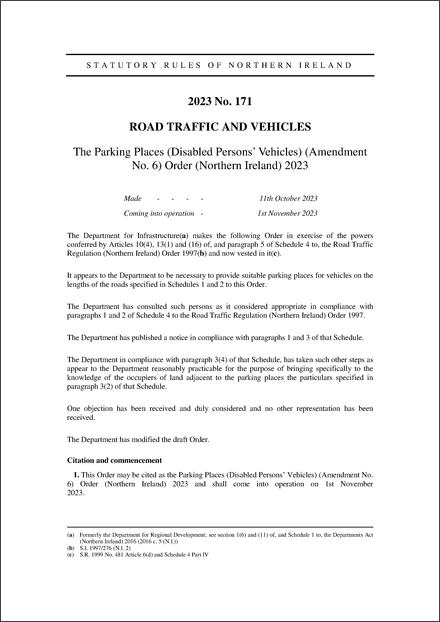 The Parking Places (Disabled Persons’ Vehicles) (Amendment No. 6) Order (Northern Ireland) 2023