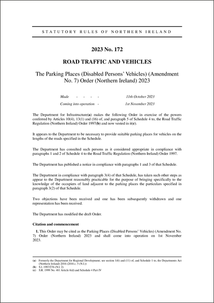 The Parking Places (Disabled Persons’ Vehicles) (Amendment No. 7) Order (Northern Ireland) 2023