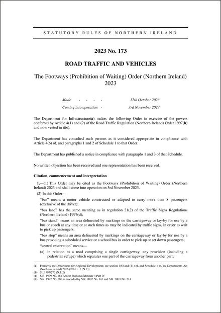 The Footways (Prohibition of Waiting) Order (Northern Ireland) 2023