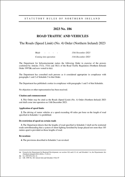 The Roads (Speed Limit) (No. 4) Order (Northern Ireland) 2023