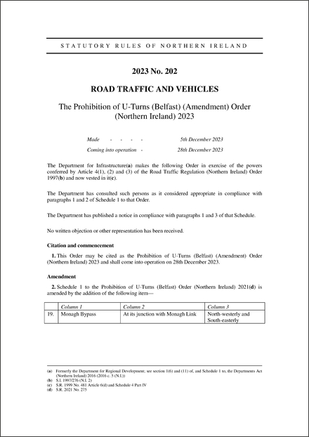 The Prohibition of U-Turns (Belfast) (Amendment) Order (Northern Ireland) 2023