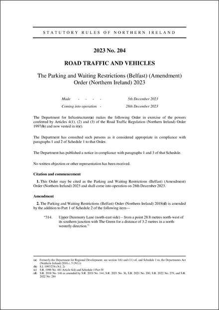 The Parking and Waiting Restrictions (Belfast) (Amendment) Order (Northern Ireland) 2023