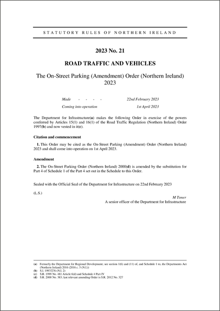 The On-Street Parking (Amendment) Order (Northern Ireland) 2023