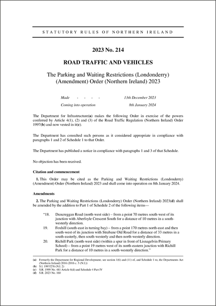 The Parking and Waiting Restrictions (Londonderry) (Amendment) Order (Northern Ireland) 2023