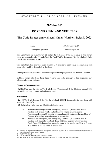 The Cycle Routes (Amendment) Order (Northern Ireland) 2023