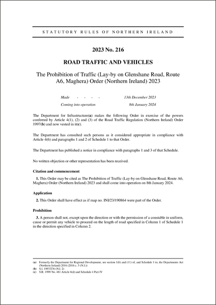 The Prohibition of Traffic (Lay-by on Glenshane Road, Route A6, Maghera) Order (Northern Ireland) 2023