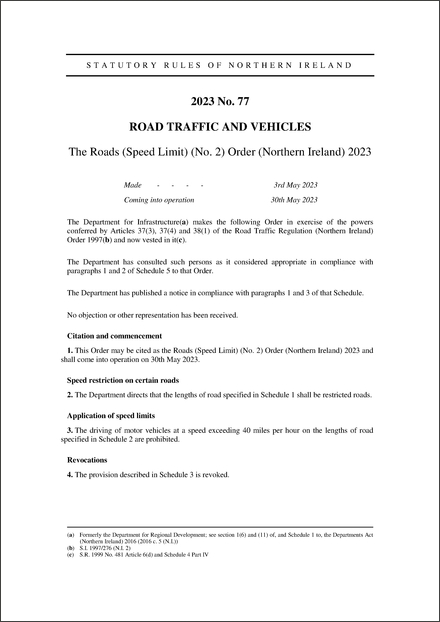 The Roads (Speed Limit) (No. 2) Order (Northern Ireland) 2023