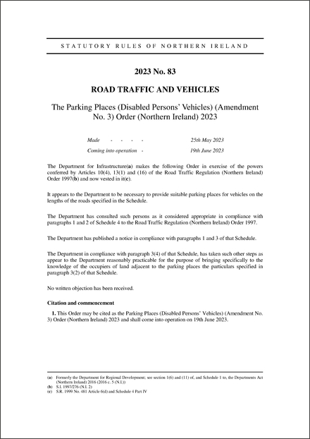 The Parking Places (Disabled Persons’ Vehicles) (Amendment No. 3) Order (Northern Ireland) 2023
