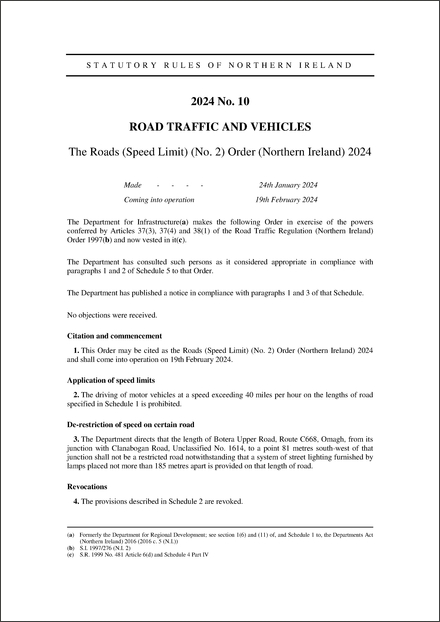 The Roads (Speed Limit) (No. 2) Order (Northern Ireland) 2024