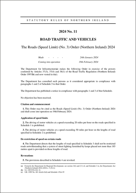 The Roads (Speed Limit) (No. 3) Order (Northern Ireland) 2024
