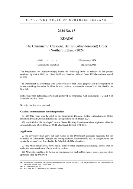 The Cairnmartin Crescent, Belfast (Abandonment) Order (Northern Ireland) 2024