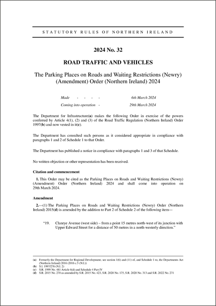 The Parking Places on Roads and Waiting Restrictions (Newry) (Amendment) Order (Northern Ireland) 2024