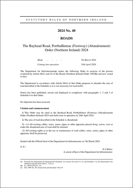 The Bayhead Road, Portballintrae (Footway) (Abandonment) Order (Northern Ireland) 2024