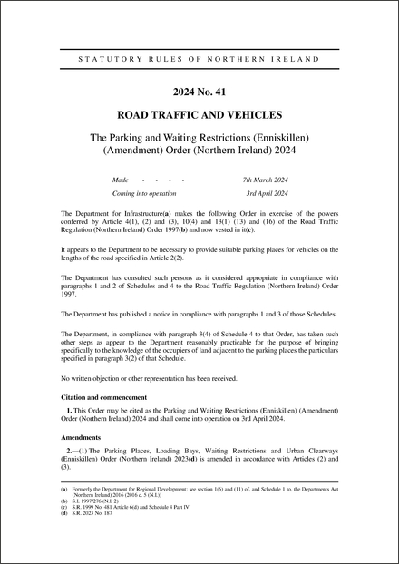 The Parking and Waiting Restrictions (Enniskillen) (Amendment) Order (Northern Ireland) 2024