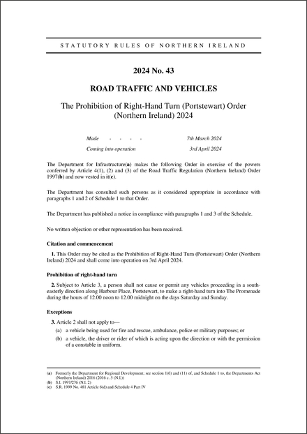 The Prohibition of Right-Hand Turn (Portstewart) Order (Northern Ireland) 2024
