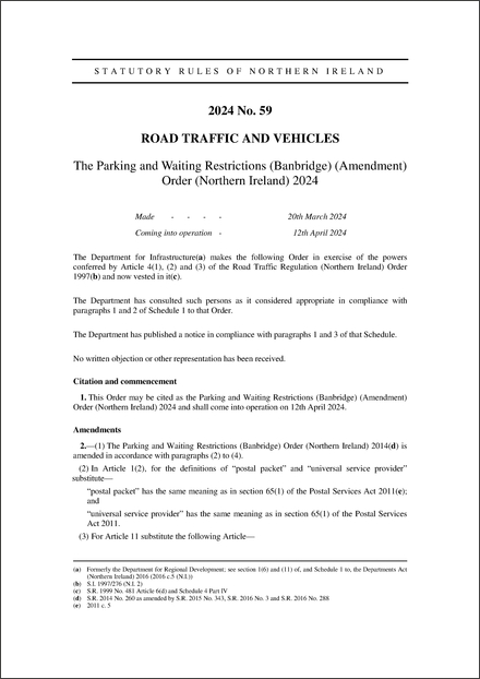 The Parking and Waiting Restrictions (Banbridge) (Amendment) Order (Northern Ireland) 2024