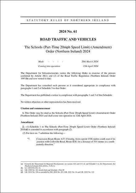 The Schools (Part-Time 20mph Speed Limit) (Amendment) Order (Northern Ireland) 2024