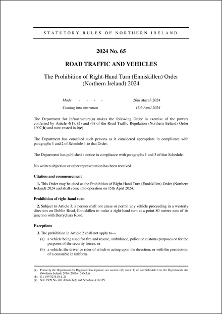 The Prohibition of Right-Hand Turn (Enniskillen) Order (Northern Ireland) 2024