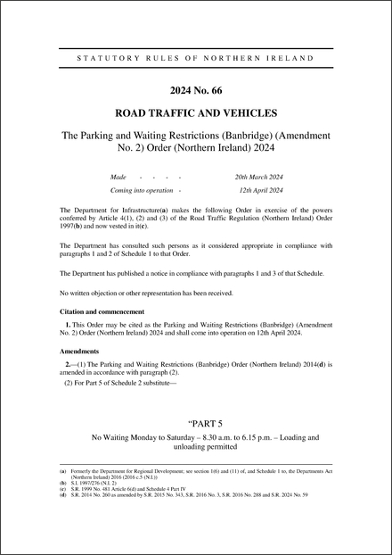The Parking and Waiting Restrictions (Banbridge) (Amendment No. 2) Order (Northern Ireland) 2024