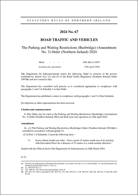 The Parking and Waiting Restrictions (Banbridge) (Amendment No. 3) Order (Northern Ireland) 2024