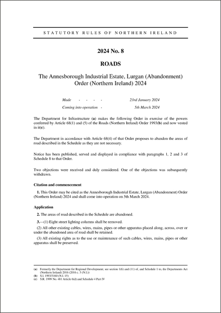 The Annesborough Industrial Estate, Lurgan (Abandonment) Order (Northern Ireland) 2024