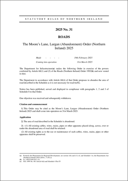 The Moore’s Lane, Lurgan (Abandonment) Order (Northern Ireland) 2025