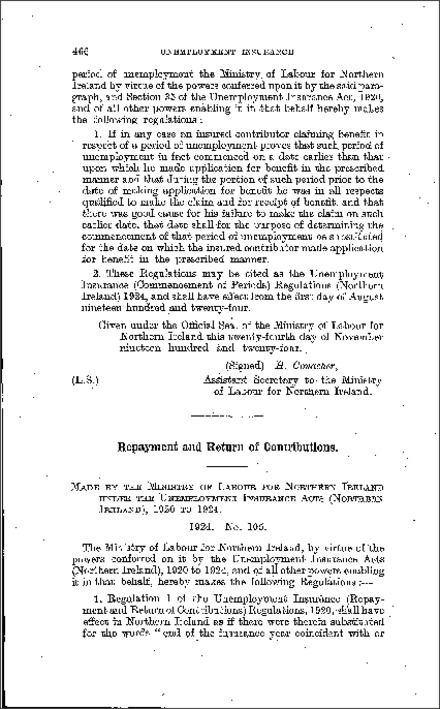 The Unemployment Insurance (Repayment and Return Contributions) (Amendment) Regulations (Northern Ireland) 1924