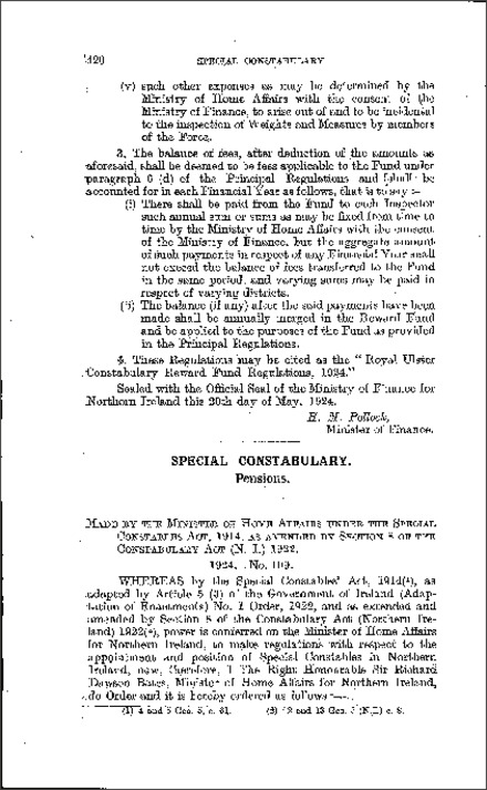 The Ulster Special Constabulary Pensions Order (Northern Ireland) 1924