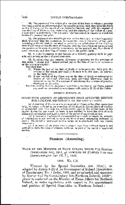 The Ulster Special Constabulary Pensions (Amendment) Order (Northern Ireland) 1924