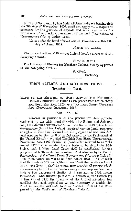 The Irish Sailors and Soldiers Trust Transfer of Land Order (Northern Ireland) 1924