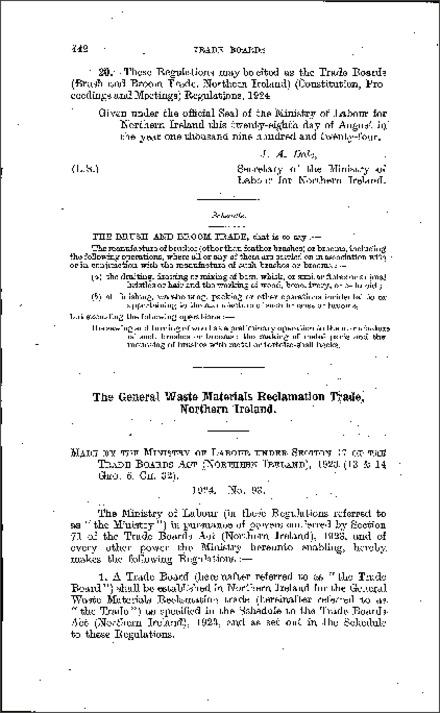 The Trade Boards (General Waste Materials Reclamation) (Constitution, Proceedings and Meetings) Regulations (Northern Ireland) 1924