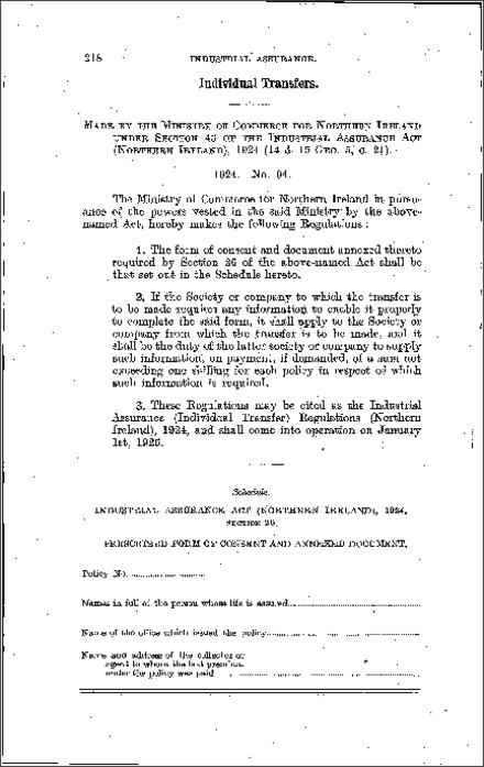 The Industrial Assurance (Individual Transfer) Regulations (Northern Ireland) 1924