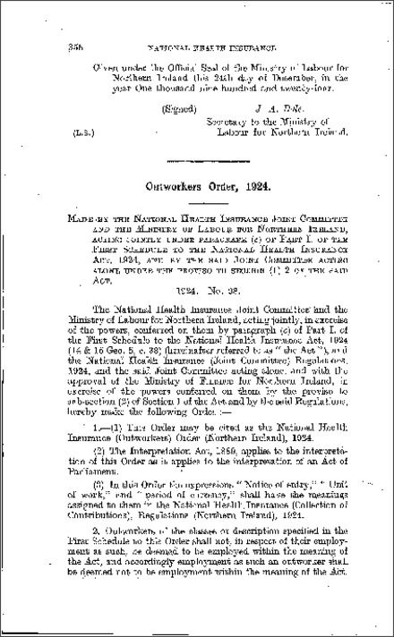 The National Health Insurance (Outworkers) Order (Northern Ireland) 1924