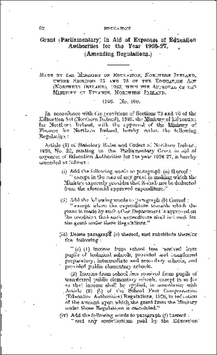 The Parliamentary Grant in aid of Expenses of Education Amendment Regulations (Northern Ireland) 1926