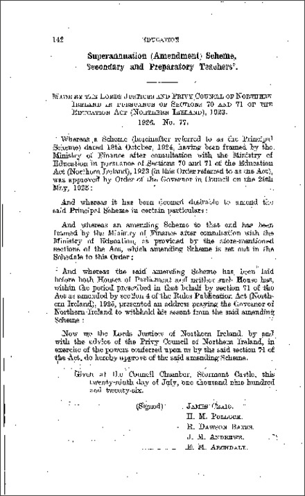 The Teachers (Secondary and Preparatory) Superannuation (Amendment) Scheme (Northern Ireland) 1926
