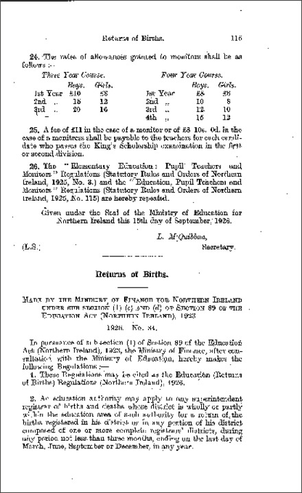 The Education (Returns of Births) Regulations (Northern Ireland) 1926