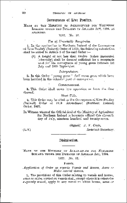The Conveyance of Live Poultry Order of 1919 Amendment Order (Northern Ireland) 1927