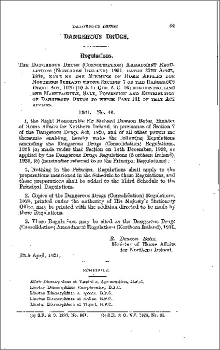 The Dangerous Drugs (Consolidation) Amendment Regulations (Northern Ireland) 1931