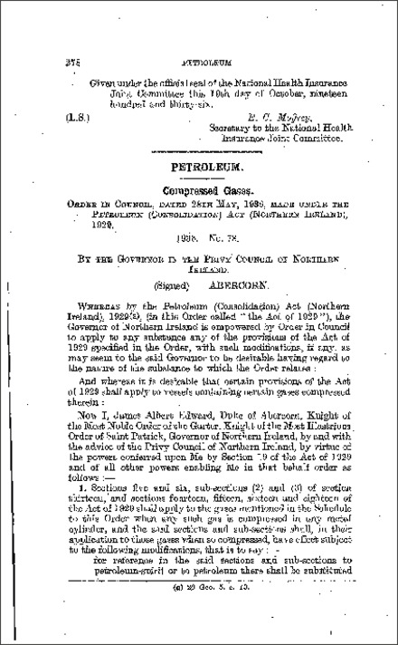 The Petroleum (Compressed Gases) Order (Northern Ireland) 1936
