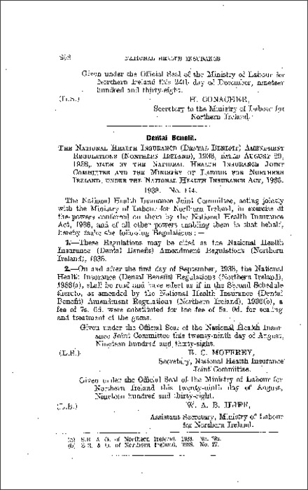 The National Health Insurance (Dental Benefit) Amendment Regulations (Northern Ireland) 1938