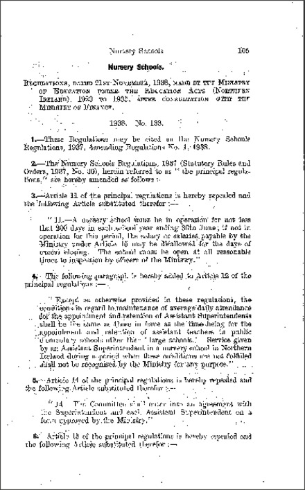 The Nursery Schools Amending No. 1 Regulations (Northern Ireland) 1938
