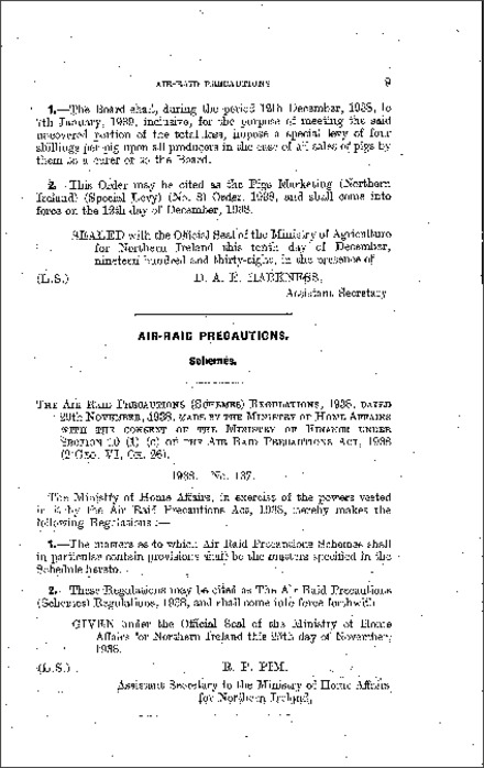 The Air Raid Precautions (Schemes) Regulations (Northern Ireland) 1938