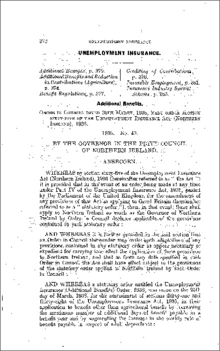 The Unemployment Insurance (Additional Benefits) Order (Northern Ireland) 1938