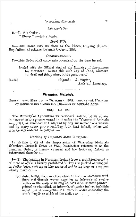 The Importation of Wrapping Materials Amendment Order (Northern Ireland) 1939