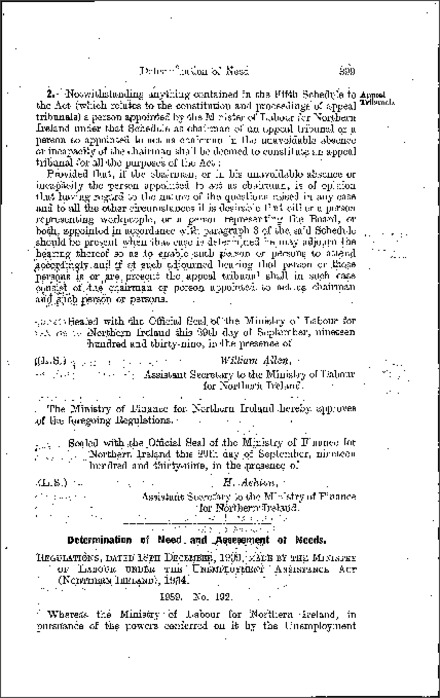 The Unemployment Assistance (Determination of Need and Assessment of Needs) (Amendment) Regulations (Northern Ireland) 1939